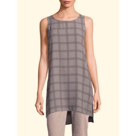 Eileen Fisher Plaid Printed Silk Georgette Crepe Tunic Size Small Window Pane Gr - Picture 1 of 9